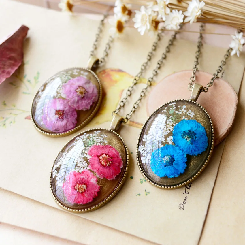 Factory direct natural vintage female crystal chrysanthemum pressed dried flower plant art long necklace