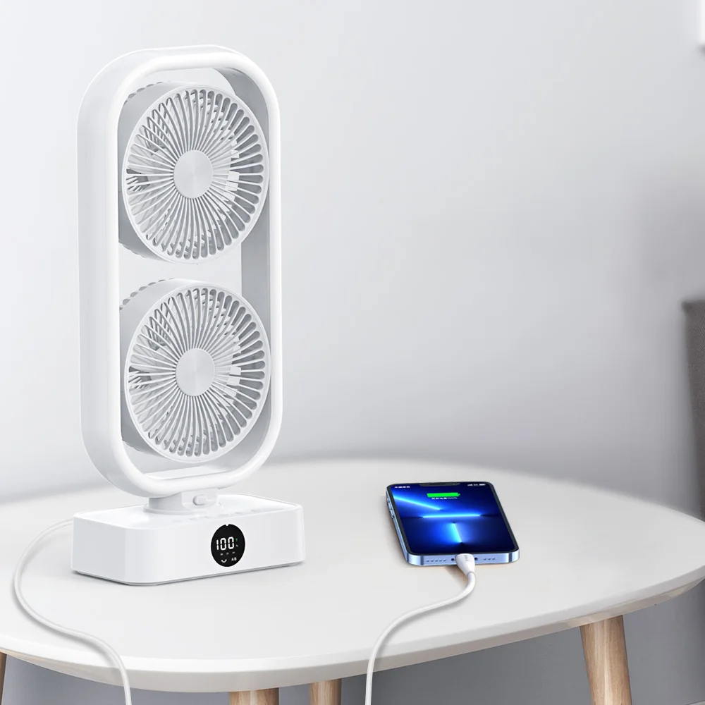 New Design Rechargeable Table Desk Fan 10000mAh Battery Standing USB Charger Electric Oscillating Double Head Mini Tower Fan