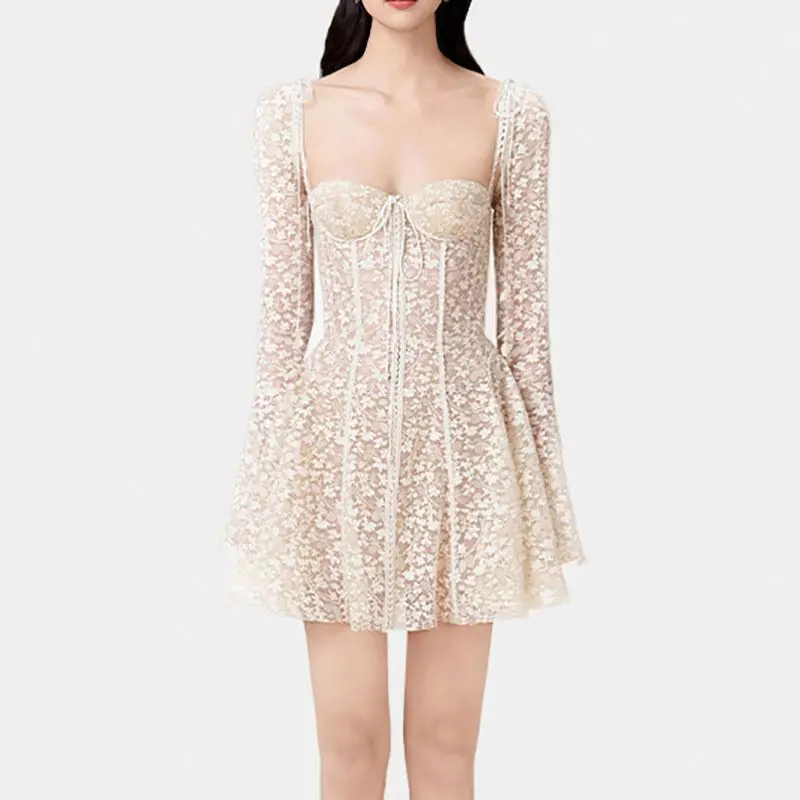 Vietnam Niche Nude Color 2024 Early Spring New Sexy Pure Desire Wind Dress Lace Low-Cut Short Skirt Long Sleeve