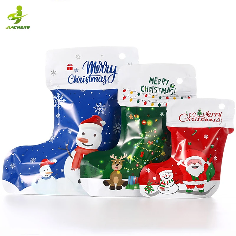 Custom reusable plastic packaging holiday style funny shape ziplock mylar bags snack sweet candy gift christmas bags with zipper