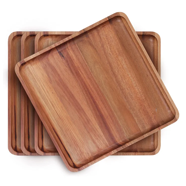 Customized 10inch Wooden Square Tray Unbreakable Plates Serving Tray Wooden Dishes Acacia Wood Dinner Charger Plates