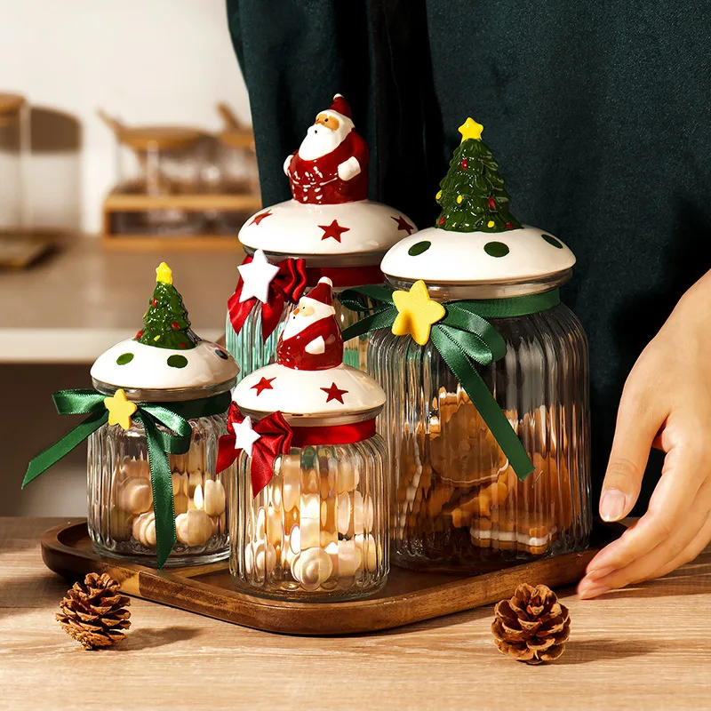 Christmas Tableware jam jar glass straight food storage jar with lid Christmas design glass storage jar