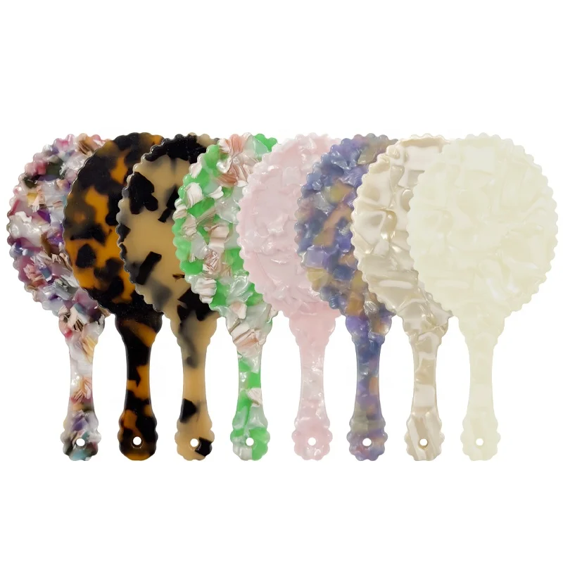 Fashion Retro Cellulose Acetate Mirror Plate Oval Flower Shape Portable Makeup Mirror Long Handle Tortoise Shell Pocket Mirror