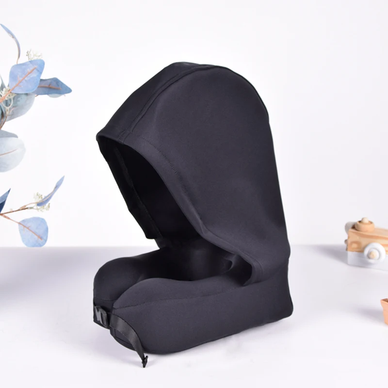 High Quantity New Design U-shape Pillow With Head Hood New Grey Comfortable Hoody Memory Foam Neck Pillow Travel Pillow