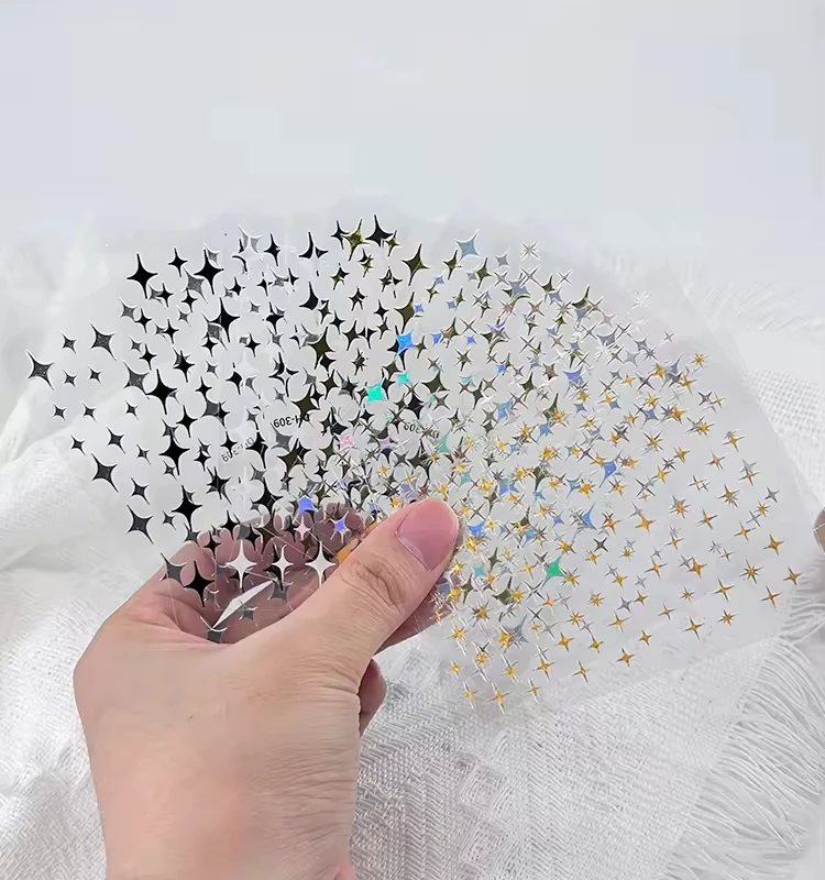 BeQueen Holographic Gold Silver Star Moon Heart Neon Nail Decal Ultra-Thin Waterproof Self-Adhesive 3D Nail Sticker Multiple