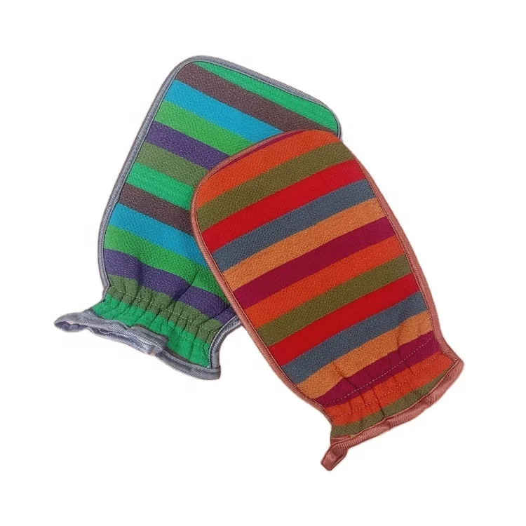 Factory Wholesale Round Corner Color Striped Inner Crystal Velvet Double Sided Viscose Fiber Dead Skin Remover Exfoliating Glove