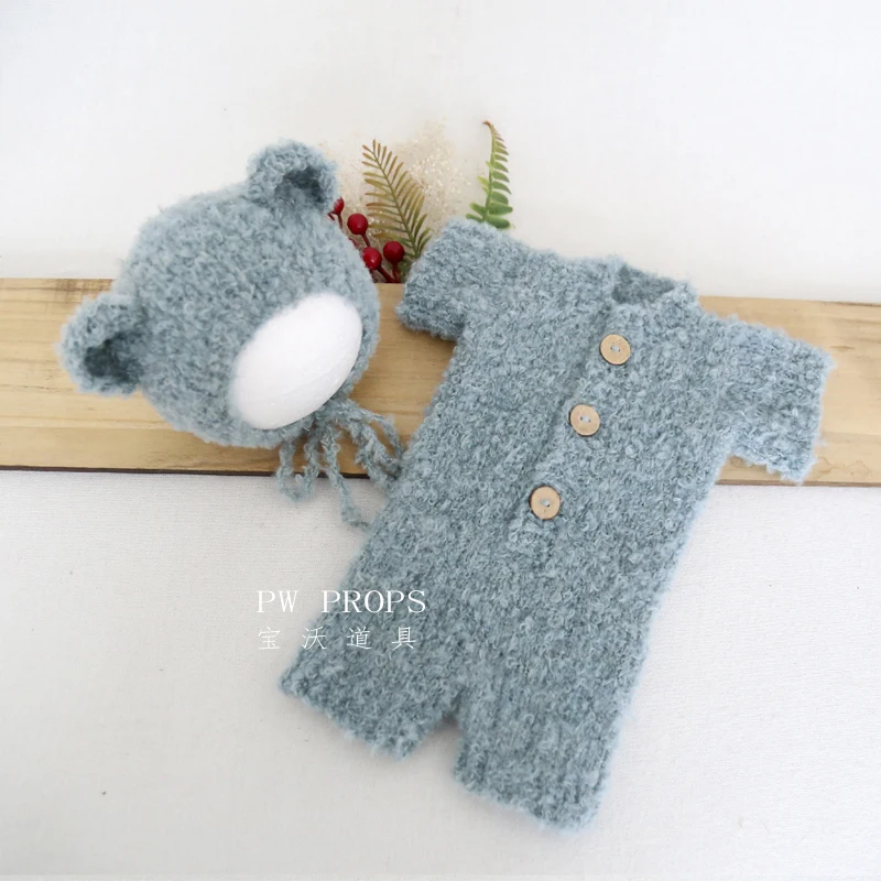 Vintage Knit Newborn Girl Fuzzy Romper Bunny Hat Photography Props Crochet Baby Teddy Bear Outfit Overall Animal Bonnet Set
