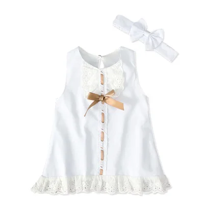 
2pcs Hot Sale Newborn Baby Girls Sleeveless Birthday Dress With Headband White Lace Bowknot Skirts Tutu Dress 