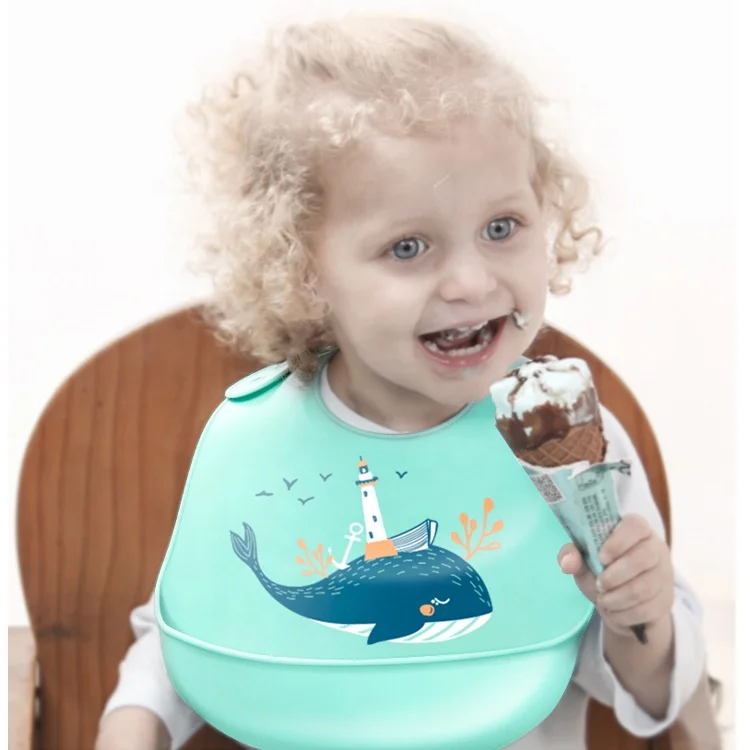KAIFEI Soft Waterproof Silicone Bibs with Pocket Washable Baby Bib Easily Clean for Baby Eating