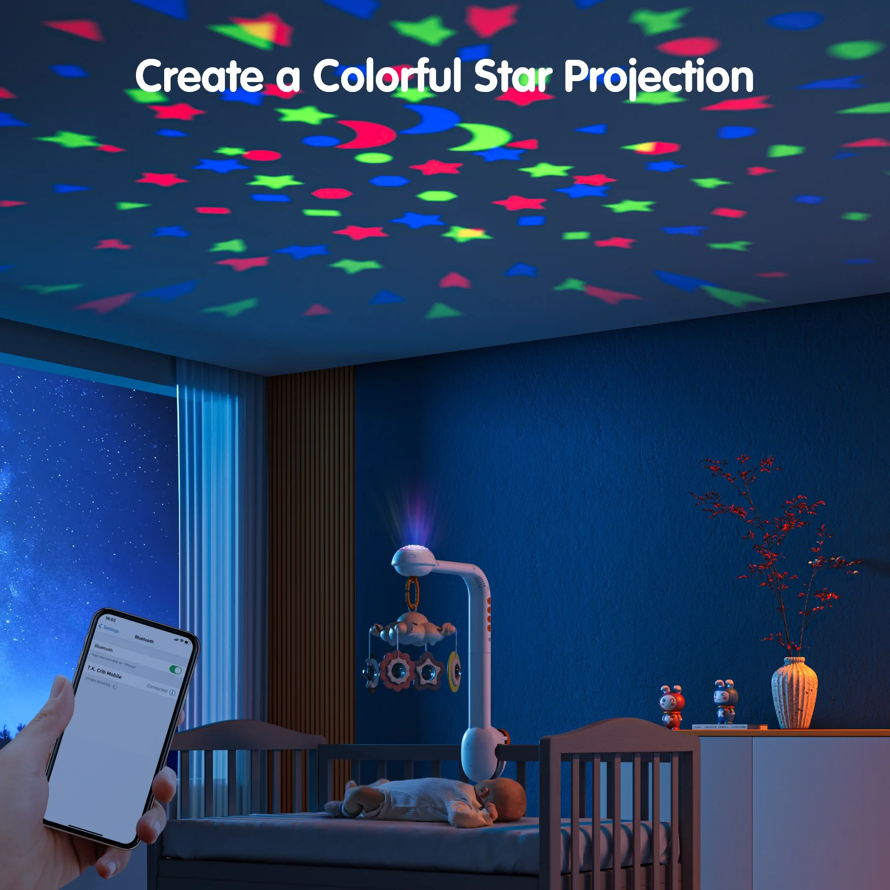 Tumama Kids Musical Crib Mobile Bluetooth Control Projection Baby Bed Bell Rotating Stuffed Hanging Rattle Toys