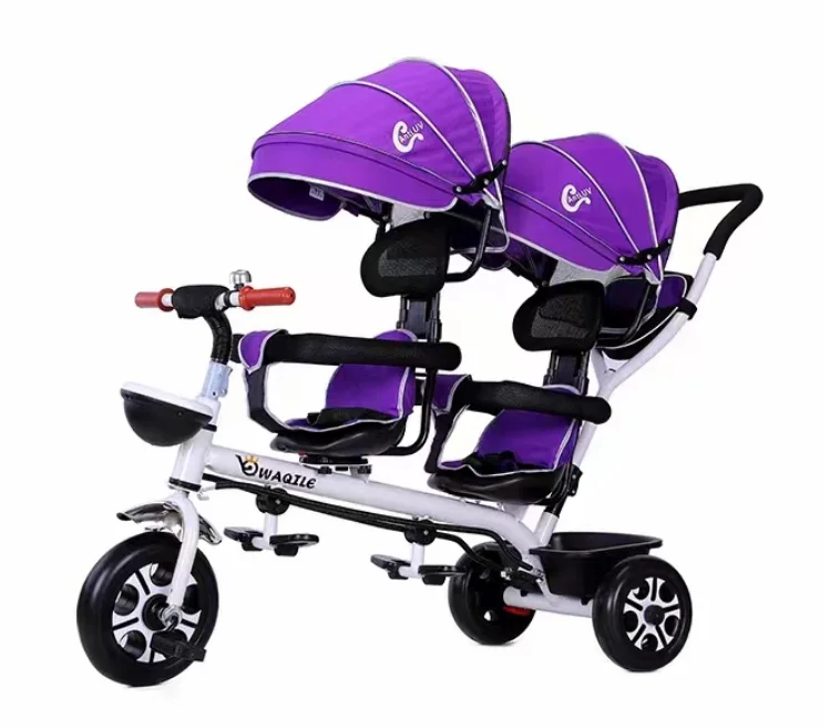 Three-wheeled twin stroller can be easily folded for two persons Portable three-wheeled stroller