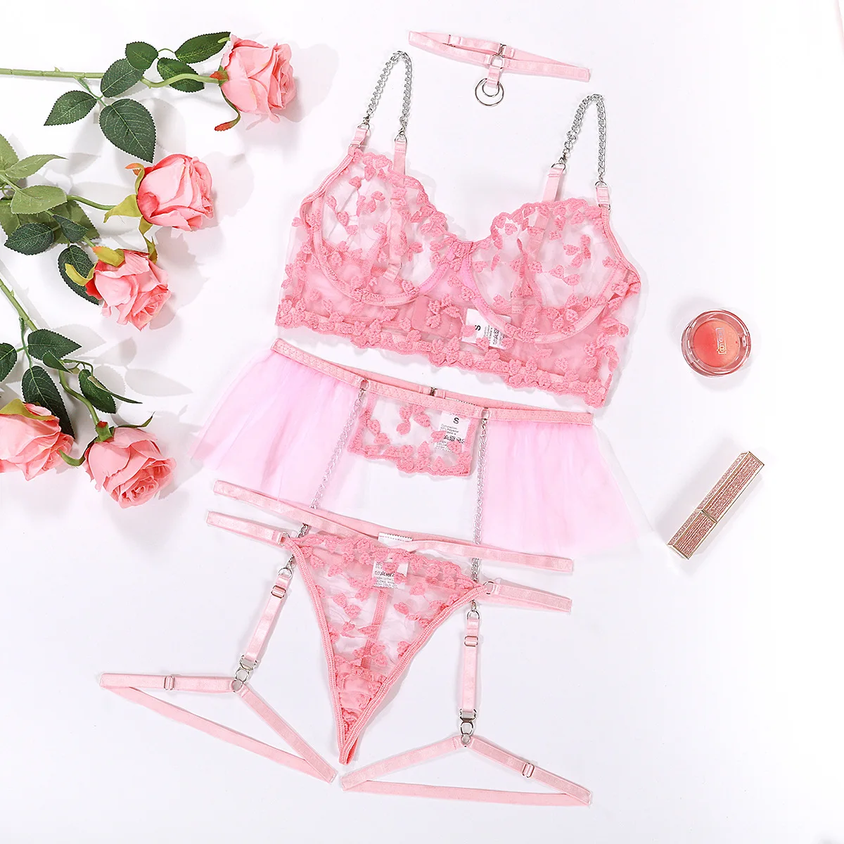 chuangerm 2024 Lustful Sexy Costume Women Mesh Transparente Embroidery Lingerie High Waist Lingerie Sexy Plus Size Lingerie Set