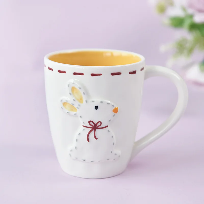 Custom Stoneware relief 3D cartoon cup ceramic mug rabbit household  ritual sense breakfast coffee milk cup