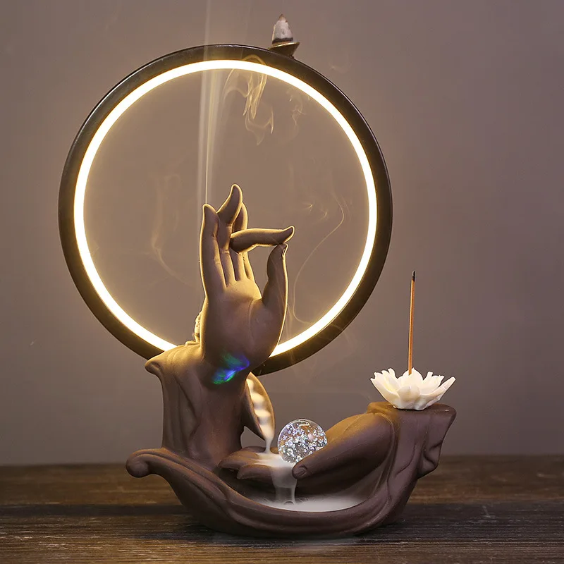 Ywbeyond Ceramic Buddha Bergamot Backflow Incense Burner with LED Lamp Circle Sandalwood Holder Home Indoor Aroma Ornaments