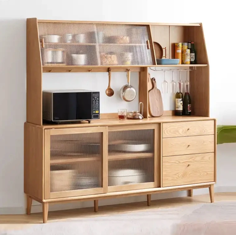 Oak solid wood sideboard cabinet Wooden Sideboard Buffet with Glass Doors Shelves and Drawers, Large Storage Cabinet