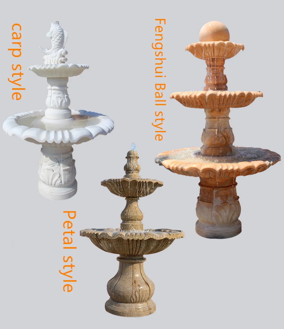 Hand Carved Large Outdoor Garden White Grey Granite Stone Pool 3 Tier Marble Water Fountain