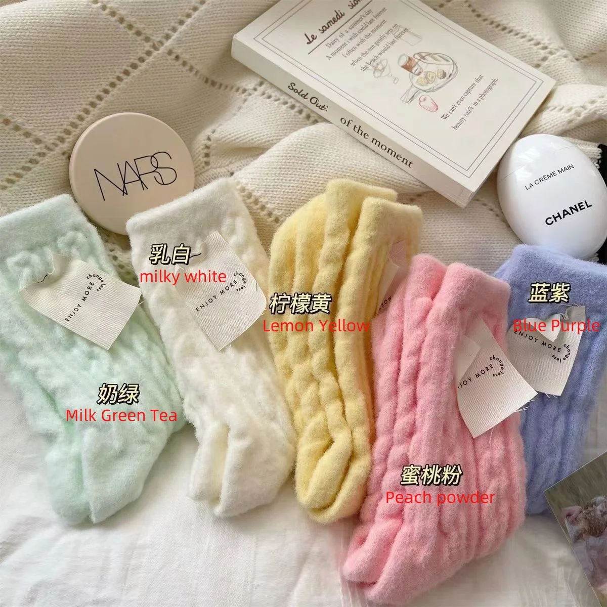 Macaron Color Soft Glutinous Plush Socks for Girls Autumn Winter Thickened Fleece Lined Mid-Tube Baby Socks Cold-Proof Crew High