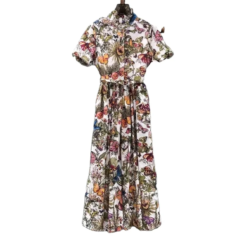 100%Cotton Long Dress 2024 Spring Summer Fashion Style Dress Women Colorful Butterfly Prints Short Sleeve Casual Long Maxi Dress