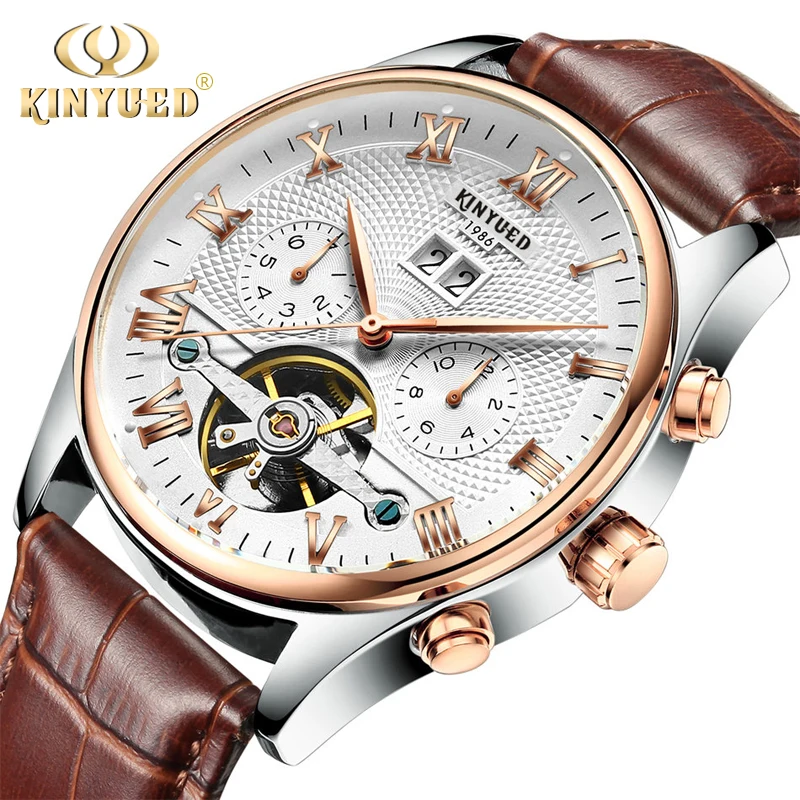 Skeleton Tourbillon Mechanical Watch Men Automatic Leather Mechanical Wrist Watches Reloj Hombre 2019 KINYUED JYD-J1012