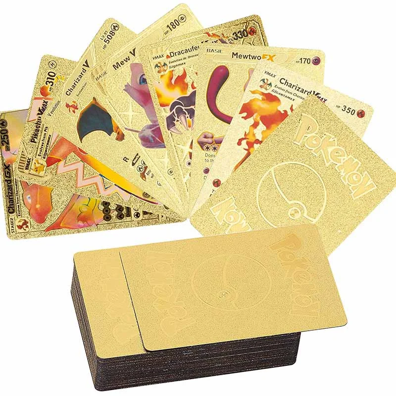 English 55 PCS Poke mon Cards silver Gold Vmax GX Energy Card Charizard Pikachu Rare Collection Battle Trainer Card Child Toys