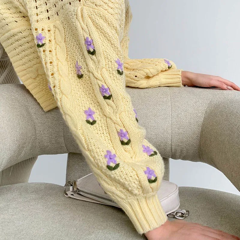 Chic Flower Knittend Cardigan Tops Women V Neck Long Sleeve Korean Fashion Sweater Cardigans Female Loose Sweaters Coat