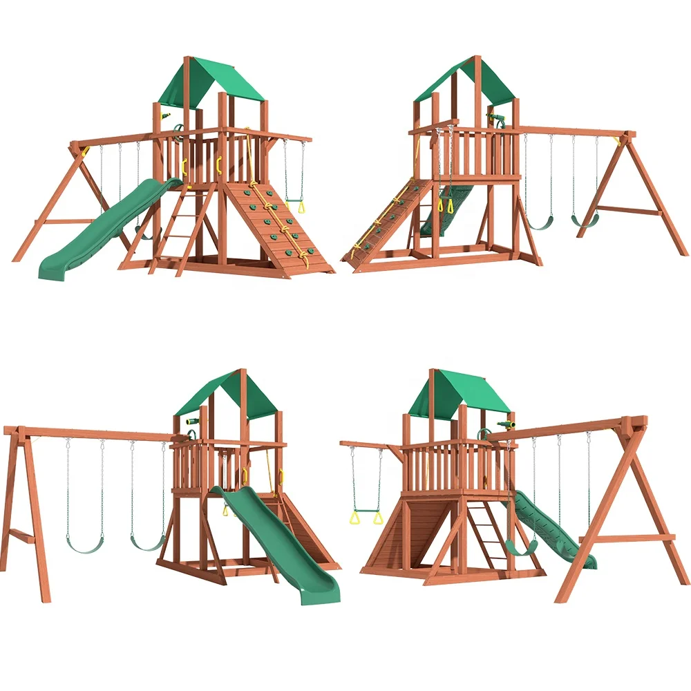 Playground Kids timber Swing And Slide Sets On Sale Patio outdoor Wood Climbing Frame Wooden Swing Set with Plastic Accessories