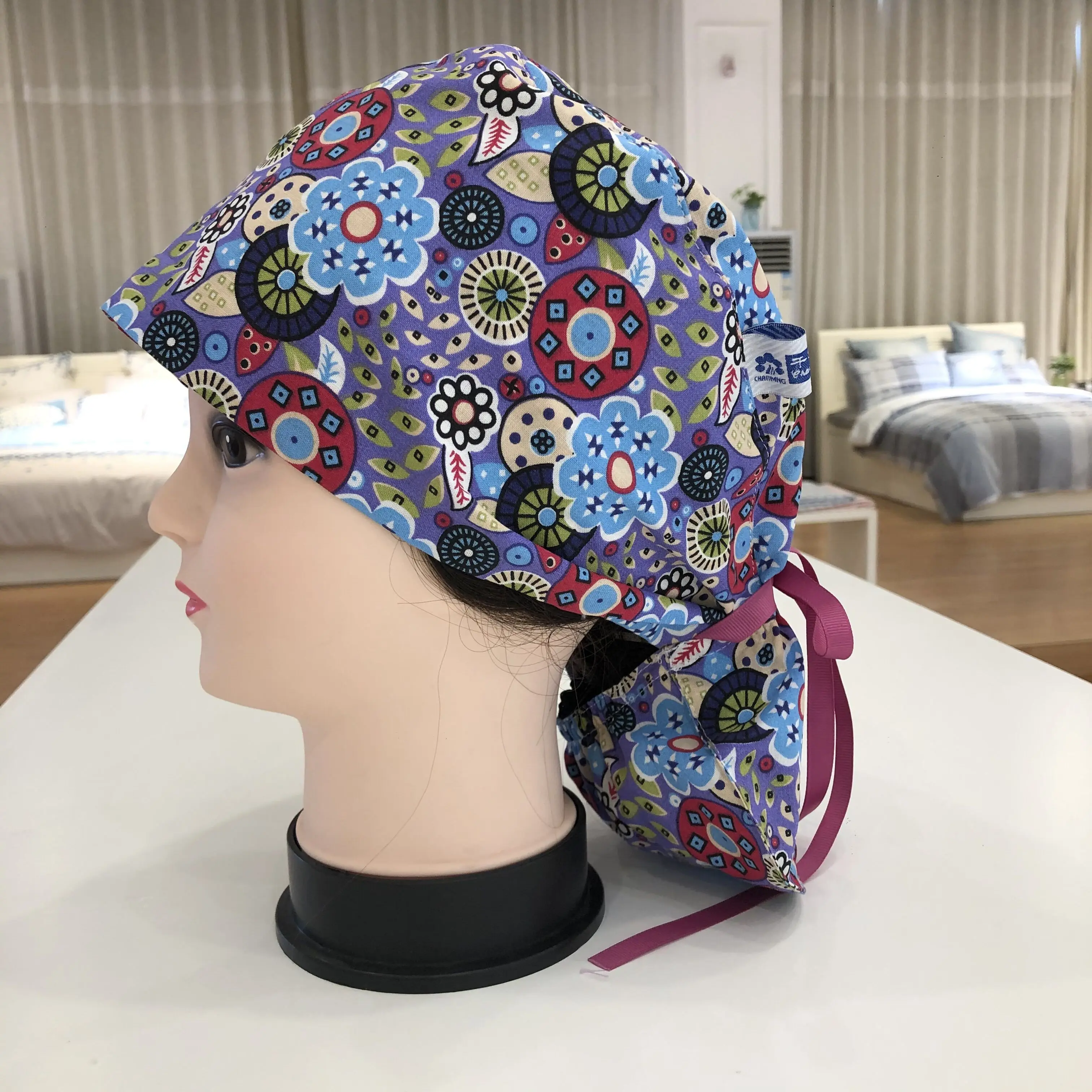 Best Quality Solid Color Satin Embroidered Hat For Long Short Hair Vets Nurse Doctor Surgical Scrub  With Bow Tie