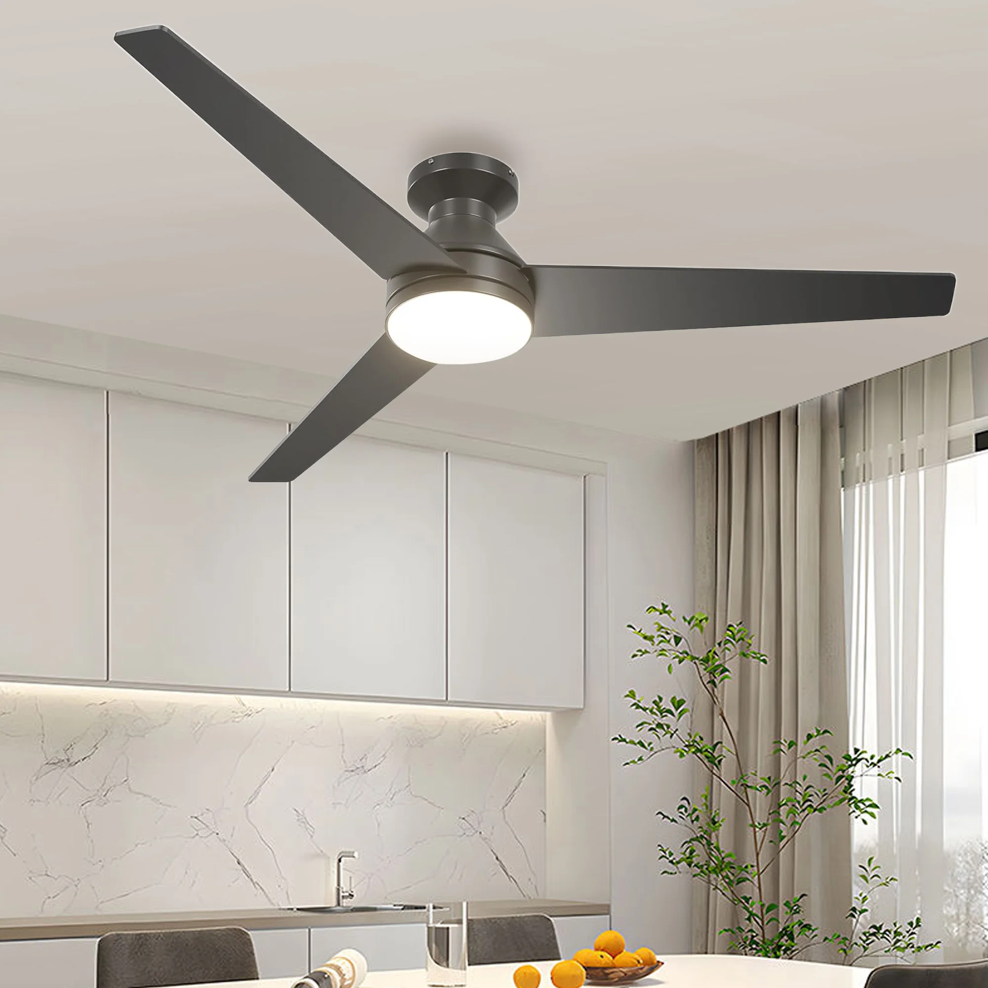 Modern indoor decorative 52 Inch 3 blades DC 110-230V fully copper low profile ceiling fan with LED lights