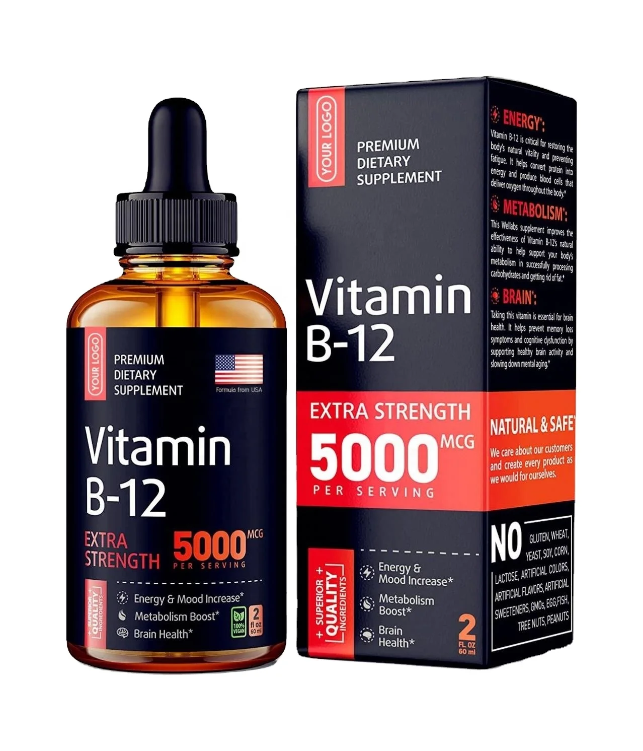 Gotobeauty OEM Vitamin B12 Drops Vitamin B12 Sublingual Liquid Vegan B12 Vitamin 5000 MCG Methylcobalamin B12 Liquid Supplement