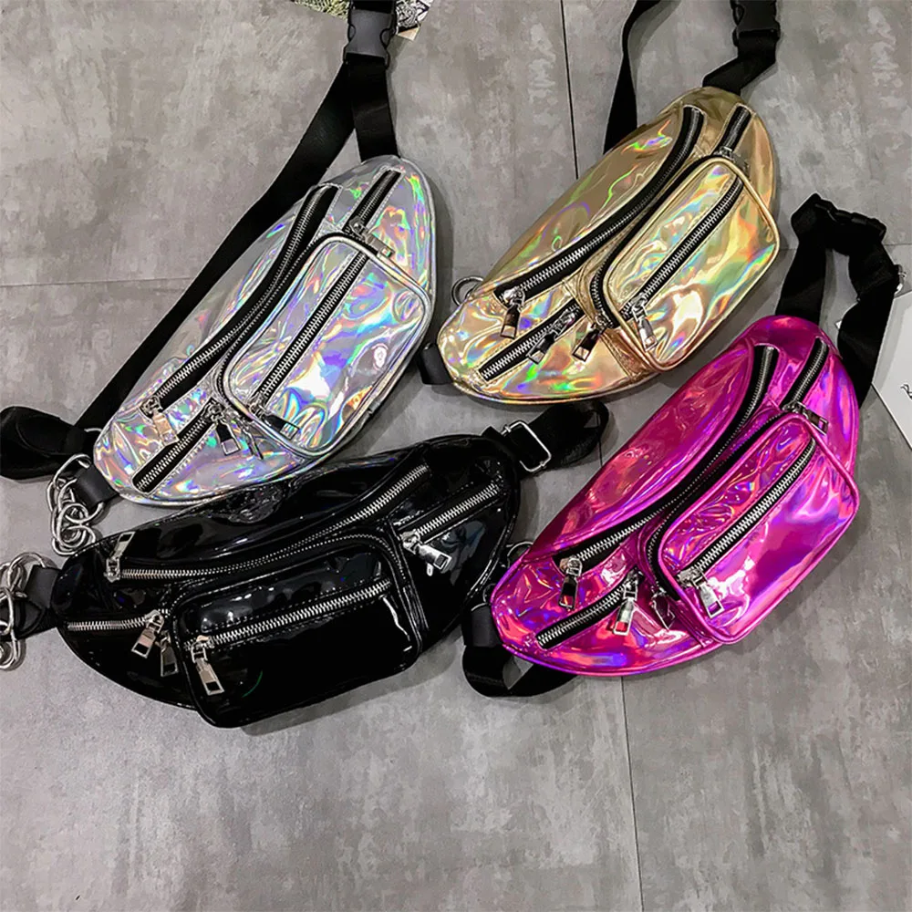 2024 Custom logo private label Shinny PU Leather Holographic Laser waterproof belt bag Fanny Pack Waist Bag for women