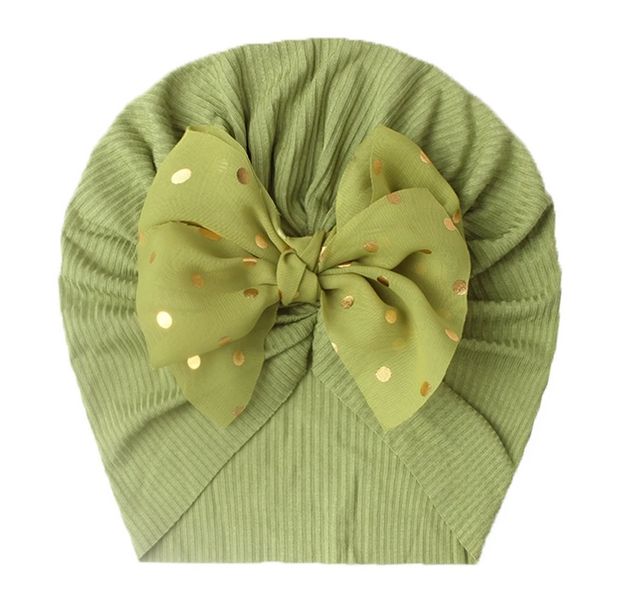 Wholesale Baby Ribbed Turban Big Shiny Bowknot Baby Headwraps Newborn Infant Chiffon Dot Knitted Beanies Toddler Kids Headwear