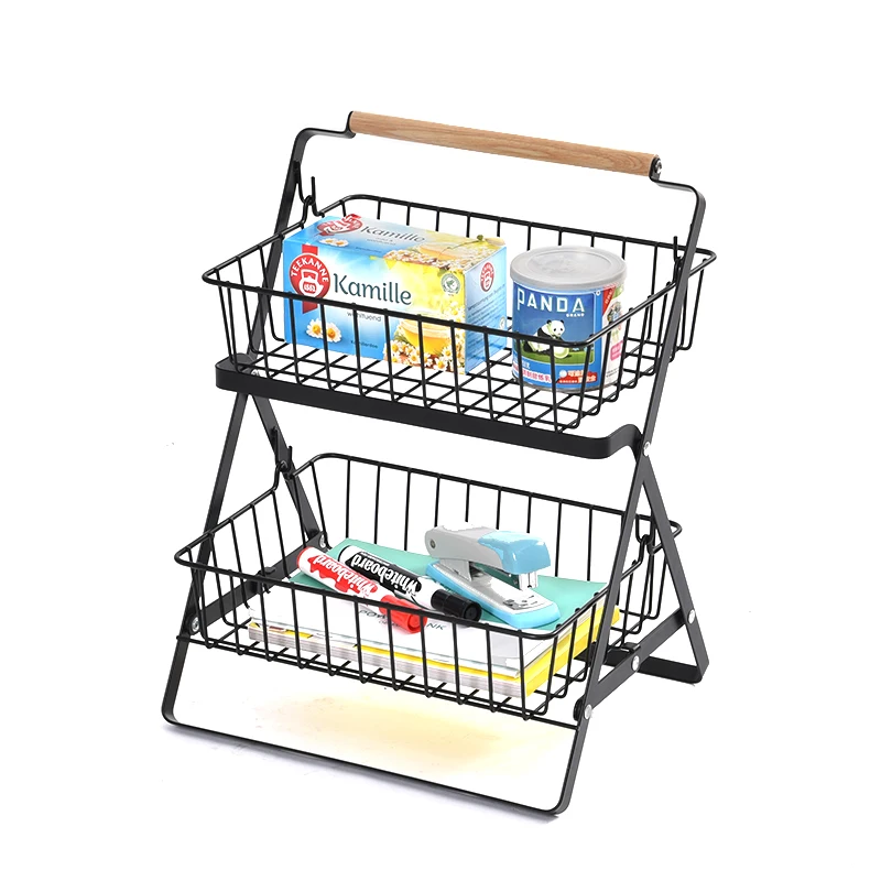 Countertop magazine snack storage basket Foldable iron storage basket for fruits and vegetables on kitchen tabletop