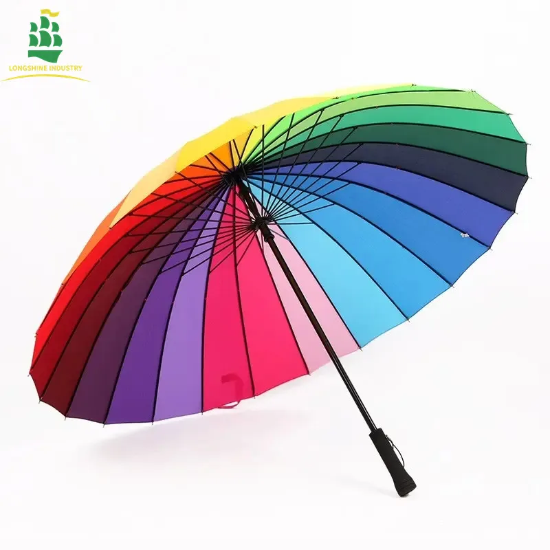 LS06 Custom Cheap Rainbow Umbrella Plastic Handle Straight Umbrella Curved Handle Rain golf Umbrella with custom logo