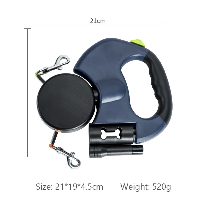 Outdoor Automatic Retractable Double Dog Leash Extendable Pet No Tangle Leash with Led Light and Poop Bag Dispenser