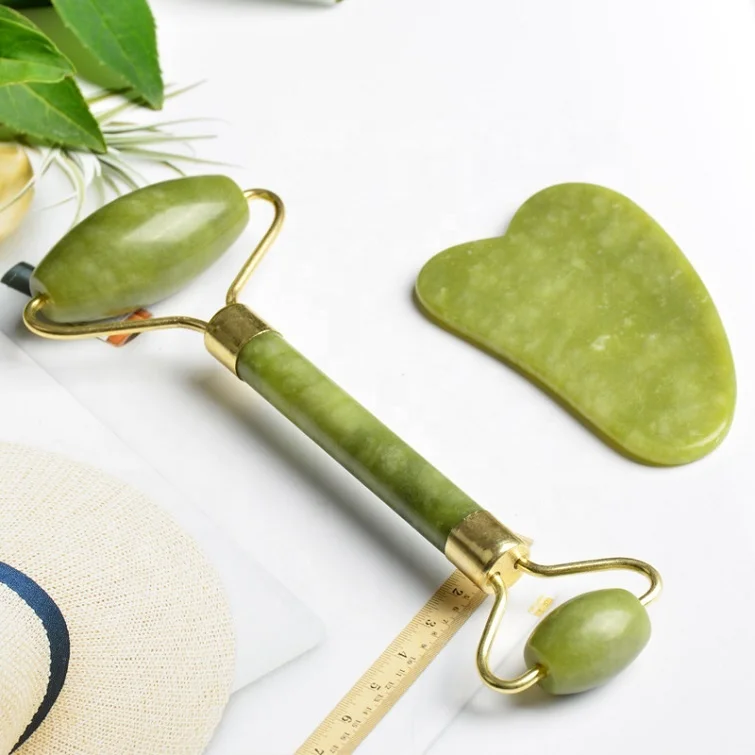 Private Label Skin Lifting Facial Massager Natural Gemstone Green Jade Roller Gua Sha Set