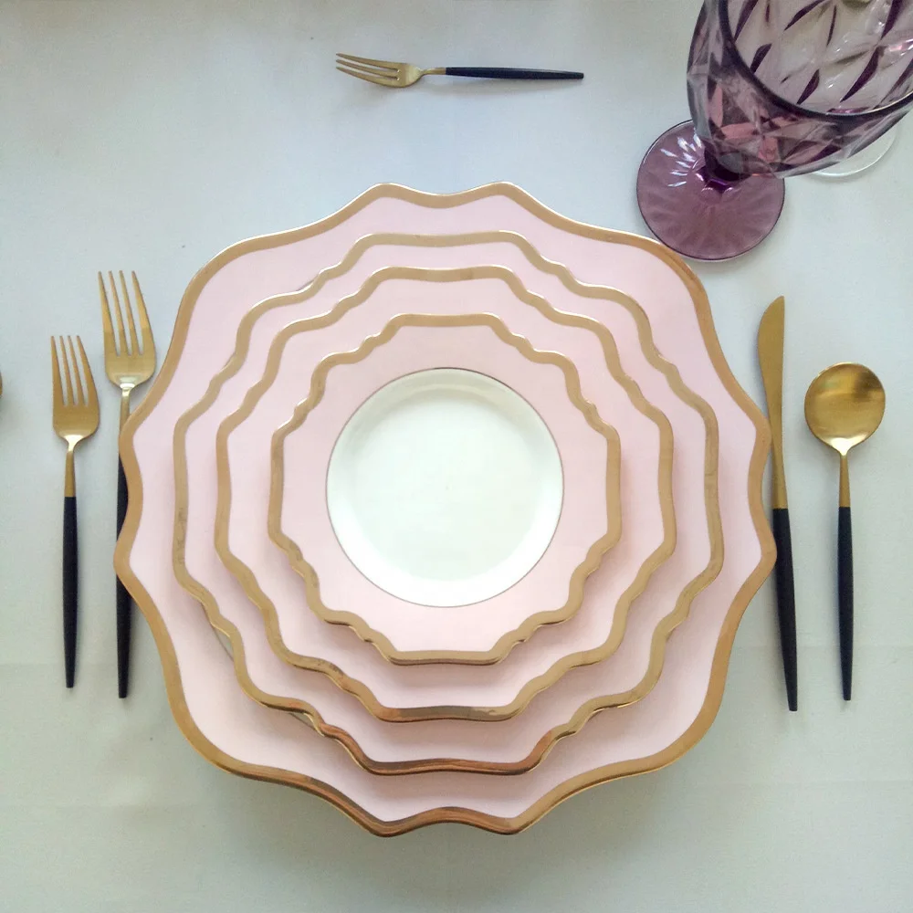 Wholesale Party Luxury Pink Gold Porcelain Charger Plate 13 Inch Charger Plate with 24k Gold Rim
