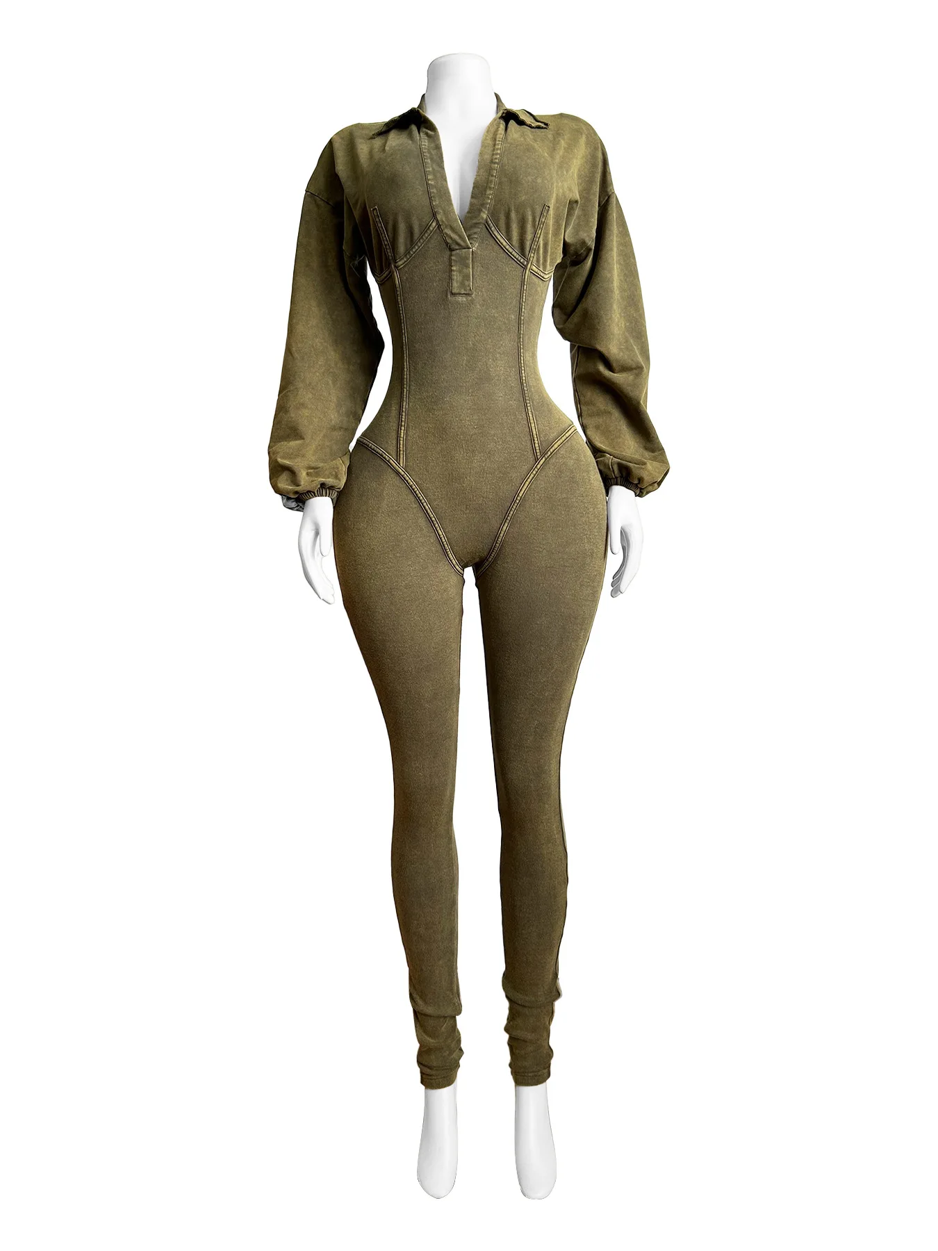 BH1315  High Quality  Washed sexy deep V tight long sleeve fall winter thick jumpsuit