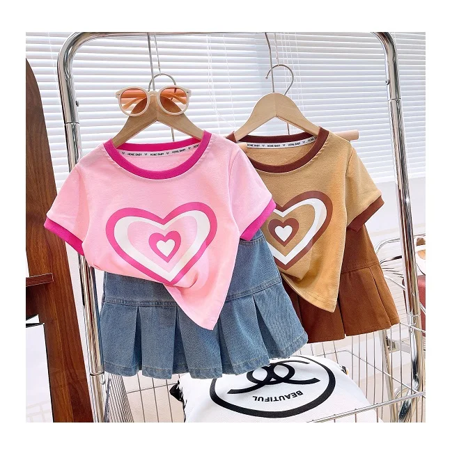 New arrival summer casual girl clothing set short sleeve heart printed T-shirt + jeans skirt children girls clothes set