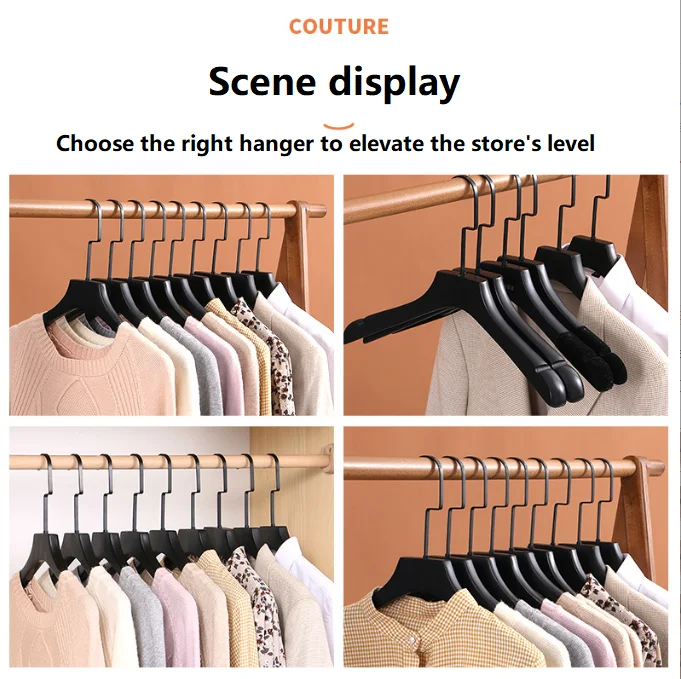 Store Custom LOGO 2 Piece Set Top Bottom Coat Pant Deluxe Black Wooden Hangers For Cloths Suit Hangers