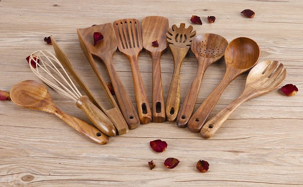 natural wood utensils kitchen ware cookware wood utensil set for home teak wood utensil