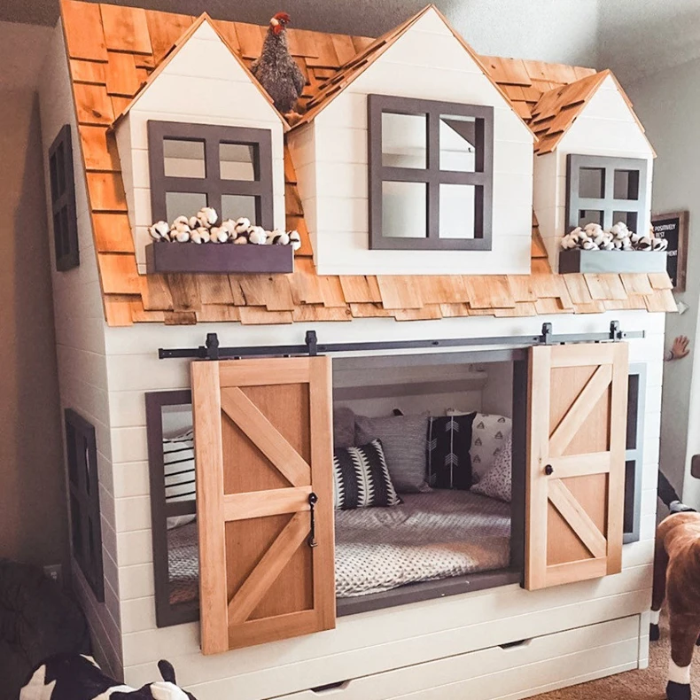 Children Bedroom Furniture Sets Modern Solid house-shaped Wooden Bunk Bed for Kids