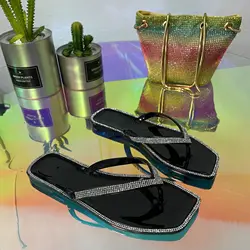 Jelly slippers Square head water drill slippers sandals flip flops women summer flat crystal jelly slippers for women