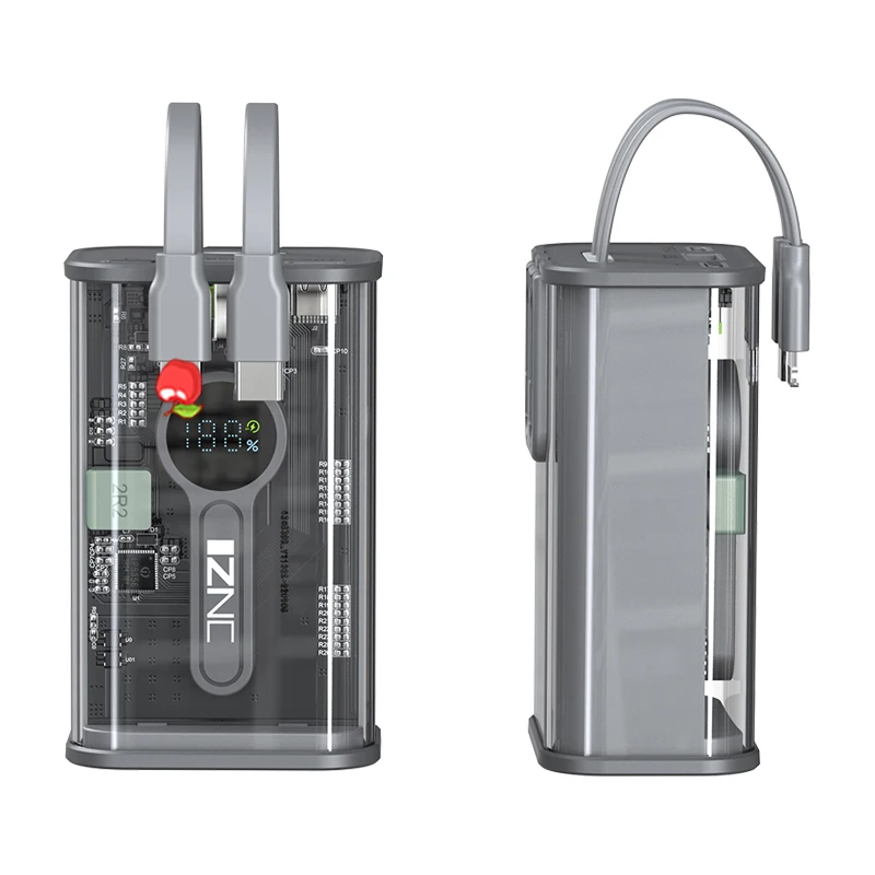 New PD20W Portable LED Display Transparent body display power With Type C and Lightning Cable Fast Charging Mobile Power Bank