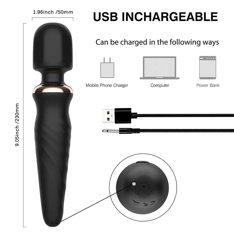 
Amazon Hot Selling Silicone USB Reacharge Stong Powerful Handheld AV Big Wand Vibrators Personal Body Wand Massager 