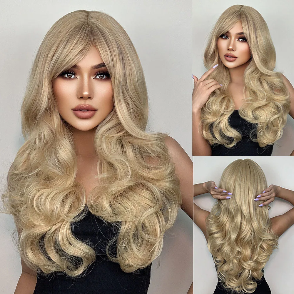 Synthetic Ombre Platinum Blonde Wig Long Wavy Wig with Bangs for Women Cosplay Party Heat Resistant Hair Wig