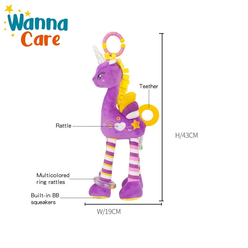 Custom Stuffed plush Doll Unicorn Baby Rattle toys 6 to 12 Months stroller crib hanging loop toddler new born toy For Car