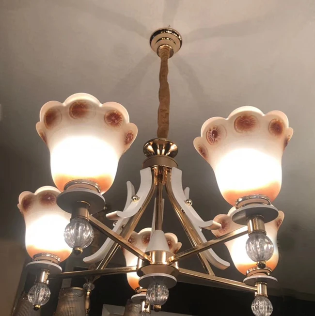 High quality french gold colored iron chain chandeliers ,decorative glass and wood chandelier (FX9350-5p)