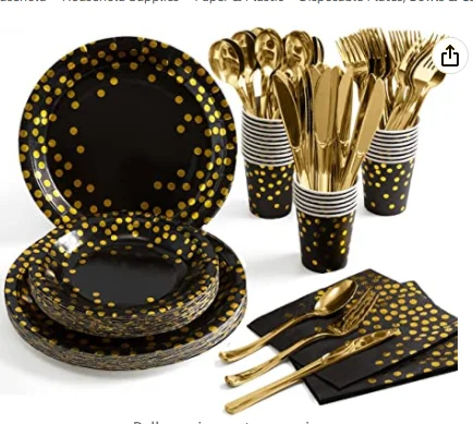 Gold Plastic Forks Knives Spoons and Golden Dot Black Paper Plates, Black Napkins Cups for Graduation, Birthday, Wedding