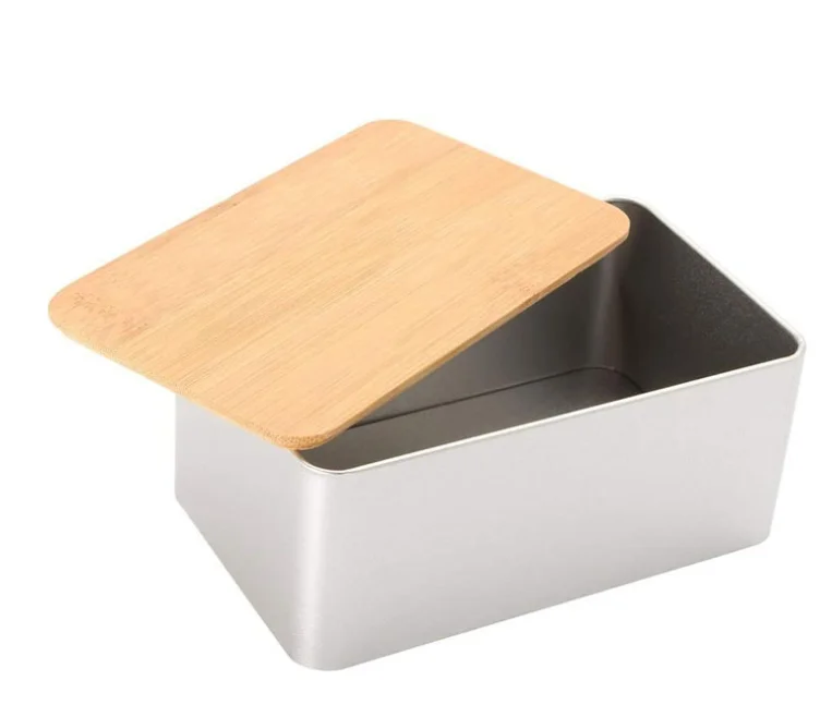 Оптовая продажа, прямоугольная герметичная бамбуковая крышка с фирменной торговой маркой, металлические кухонные коробки для хранения, контейнеры, предметы для дома