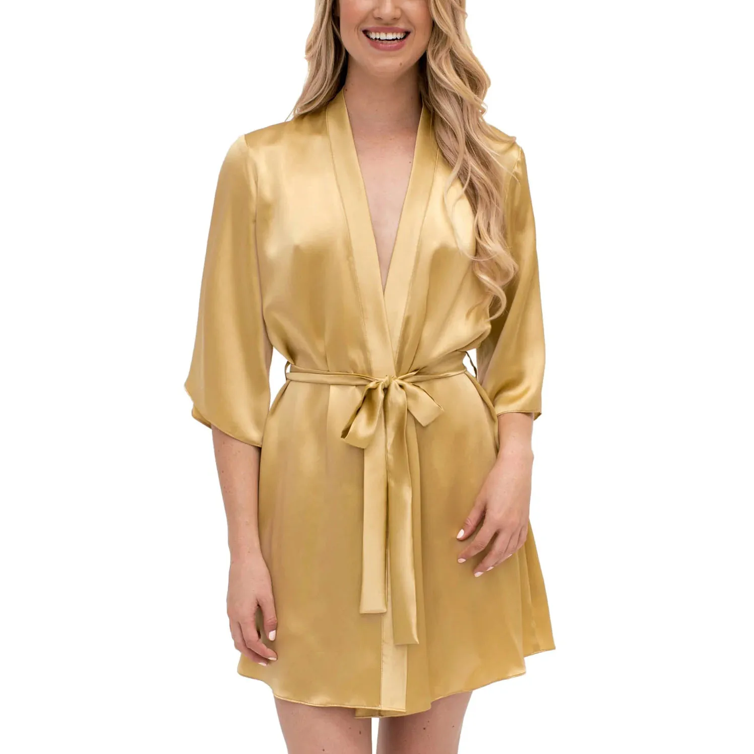Wholesale Hotel Bathrobe Satin Dresses Plain Gold Color Luxury Clothing Women Nightgowns One Size Satin Robe Sleepwear